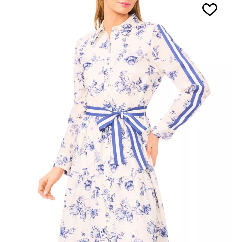 CeCe Blue and White Floral Long Sleeve Dress - Picture 3 of 7